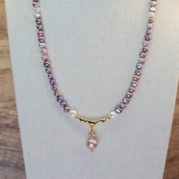 Natural Metallic Purple Pearl Necklace 18" Gold Plated Sterling Silver - Picture 9 of 10